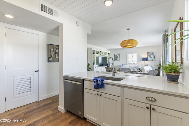 kitchen with dark wood-style floors, visible vents, a sink, stainless steel dishwasher, and open floor plan