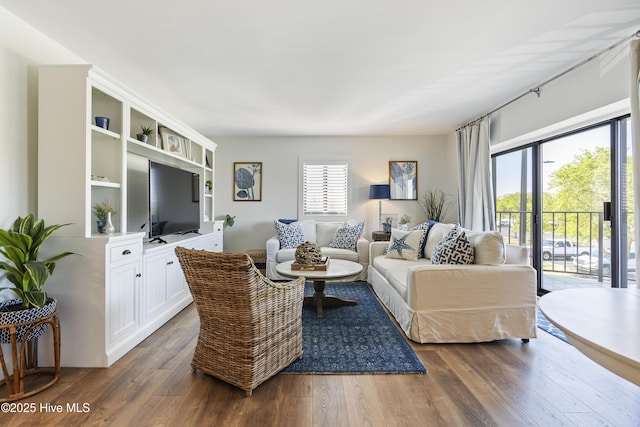 living area featuring dark wood-style floors