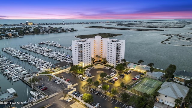 bird's eye view with a water view