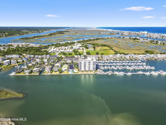 drone / aerial view featuring a water view