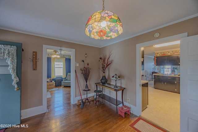 hallway featuring wood finished floors, baseboards, and ornamental molding