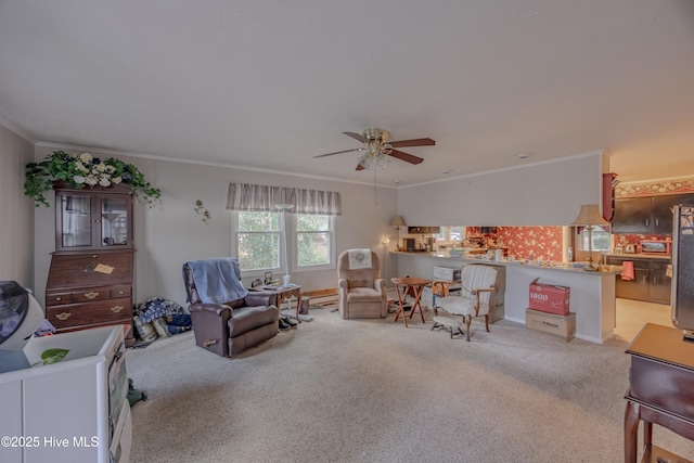 interior space with a ceiling fan, light colored carpet, and crown molding