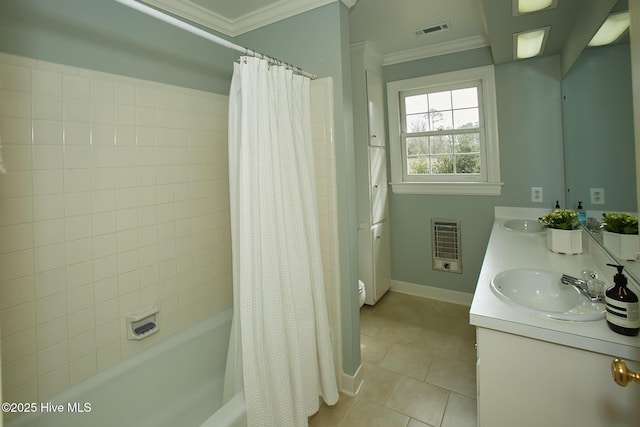 full bathroom with visible vents, ornamental molding, and a sink