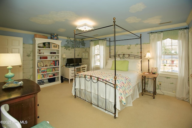 bedroom with visible vents, carpet floors, and crown molding