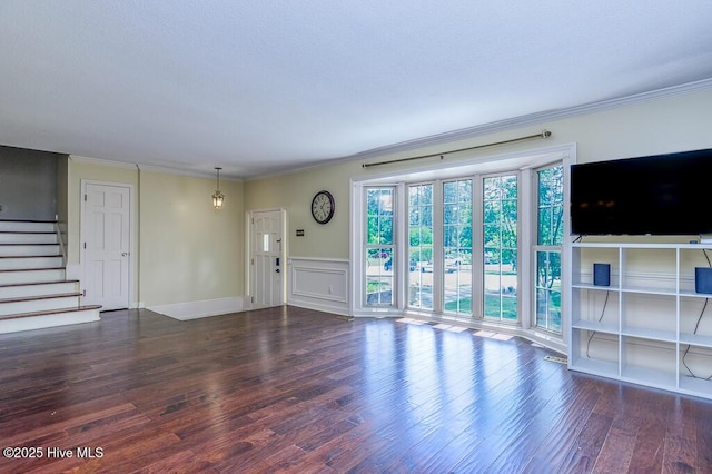 5218 Springwood Dr, Trent Woods, NC 28562 - unfurnished living room with crown molding, stairs, and wood finished floors