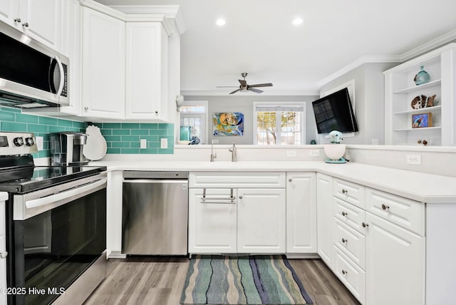 kitchen with crown molding, light countertops, appliances with stainless steel finishes, and a sink