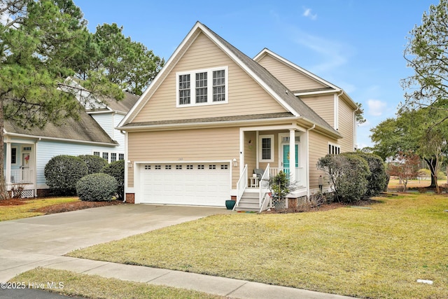 traditional-style house featuring a garage, concrete driveway, a front lawn, and roof with shingles