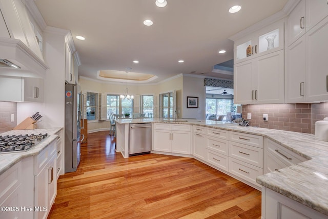 2184 Villamar Dr, Leland, NC 28451 - kitchen featuring a tray ceiling, ornamental molding, a wealth of natural light, stainless steel appliances, and white cabinetry