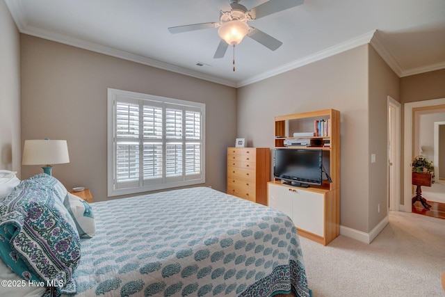 2184 Villamar Dr, Leland, NC 28451 - bedroom featuring visible vents, ornamental molding, carpet, baseboards, and ceiling fan