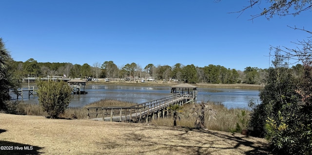 dock area featuring a view of trees and a water view