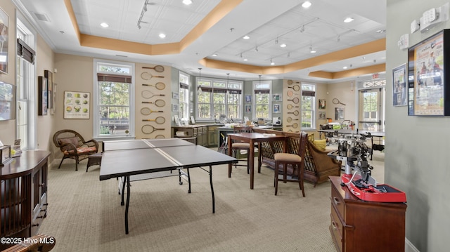playroom featuring a tray ceiling, light carpet, and recessed lighting