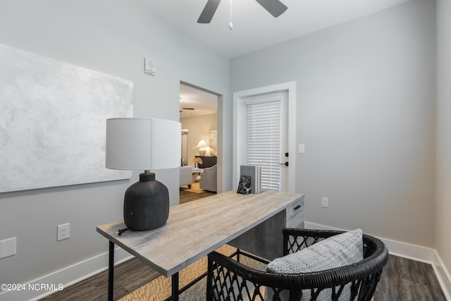 office space featuring ceiling fan, baseboards, and wood finished floors