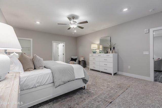 bedroom with recessed lighting, baseboards, carpet floors, and ceiling fan