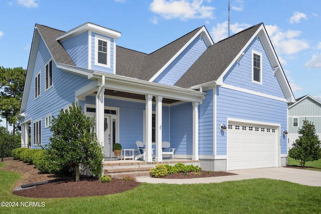 view of front of house with a shingled roof, a front lawn, covered porch, a garage, and driveway