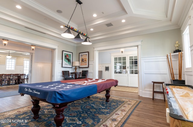 recreation room with visible vents, ornamental molding, pool table, and wood finished floors