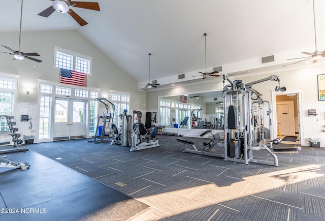 workout area featuring visible vents, carpet floors, wainscoting, high vaulted ceiling, and a ceiling fan