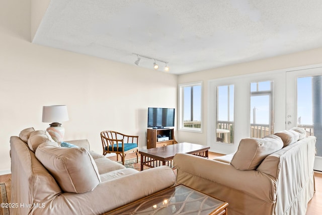 living room featuring track lighting, plenty of natural light, light wood-type flooring, and a textured ceiling