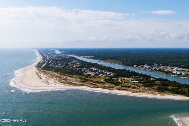 aerial view featuring a water view and a beach view