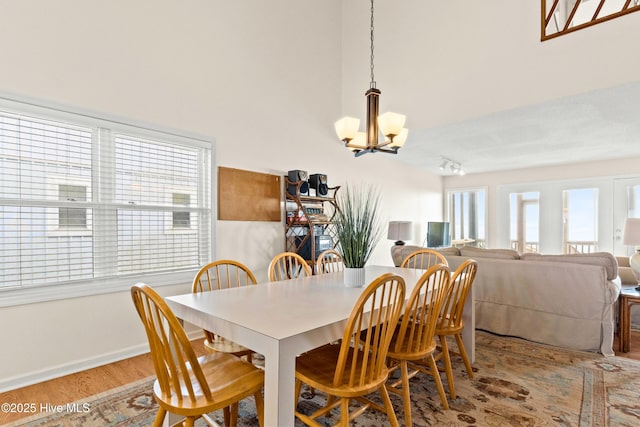 dining area with a chandelier, baseboards, wood finished floors, and track lighting