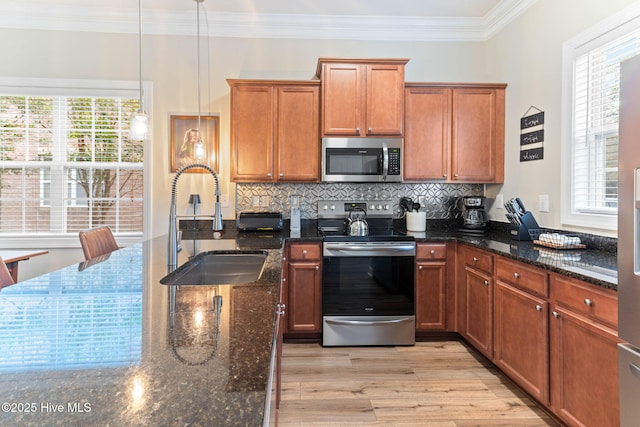 kitchen featuring light wood-type flooring, a sink, tasteful backsplash, stainless steel appliances, and crown molding