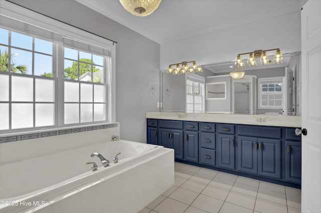 full bathroom with a garden tub, a sink, crown molding, tile patterned flooring, and double vanity