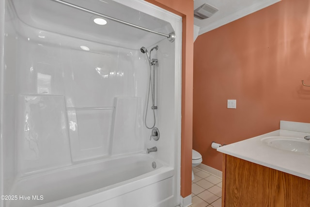 full bathroom with visible vents, toilet, shower / tub combination, tile patterned floors, and vanity