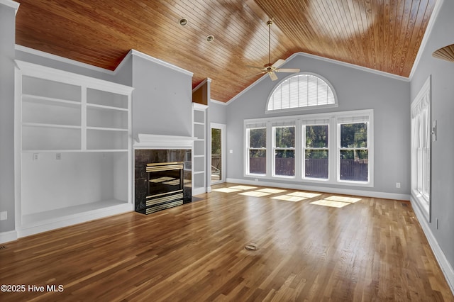 unfurnished living room with wood finished floors, a ceiling fan, wooden ceiling, and a fireplace