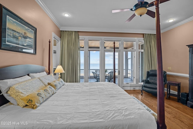 bedroom with a ceiling fan, access to outside, wood finished floors, recessed lighting, and crown molding