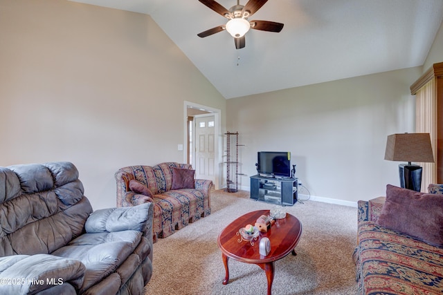 living room with baseboards, high vaulted ceiling, a ceiling fan, and carpet