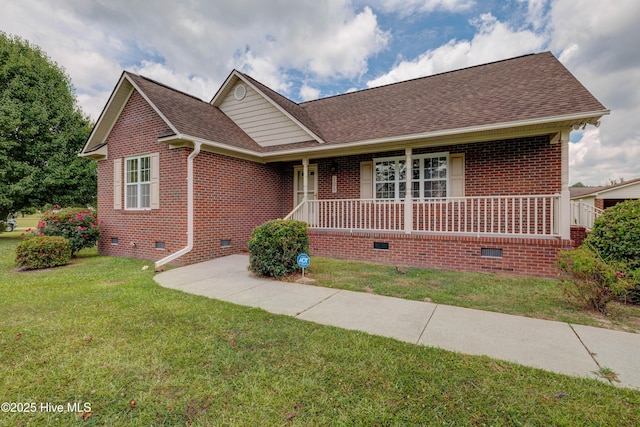 view of front facade with brick siding, a porch, a front yard, roof with shingles, and crawl space