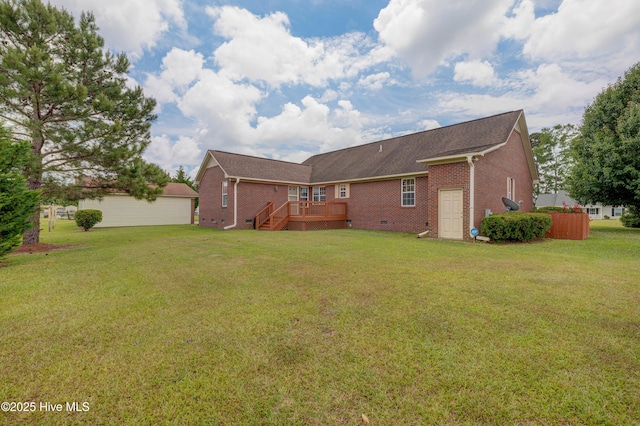 back of house featuring a yard, a wooden deck, a shingled roof, crawl space, and brick siding