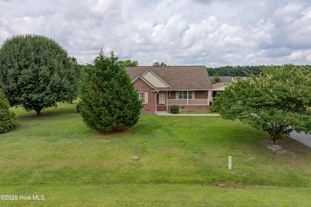 ranch-style house with roof with shingles, a porch, a front lawn, crawl space, and brick siding