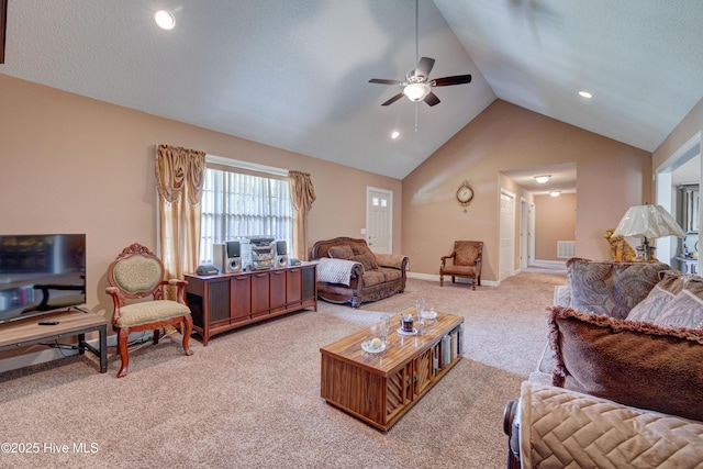 living room featuring visible vents, baseboards, carpet, a textured ceiling, and a ceiling fan