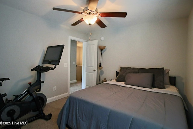 bedroom featuring baseboards, a ceiling fan, and carpet flooring