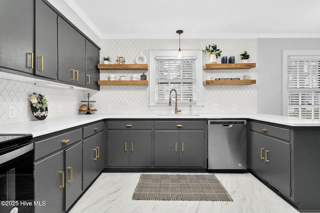 kitchen featuring ornamental molding, open shelves, black electric range, a sink, and stainless steel dishwasher