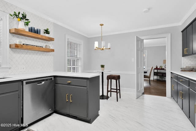 kitchen featuring dishwasher, crown molding, a peninsula, and open shelves