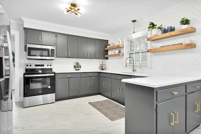 kitchen with open shelves, appliances with stainless steel finishes, crown molding, and a sink