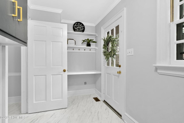 mudroom with visible vents, marble finish floor, crown molding, and baseboards