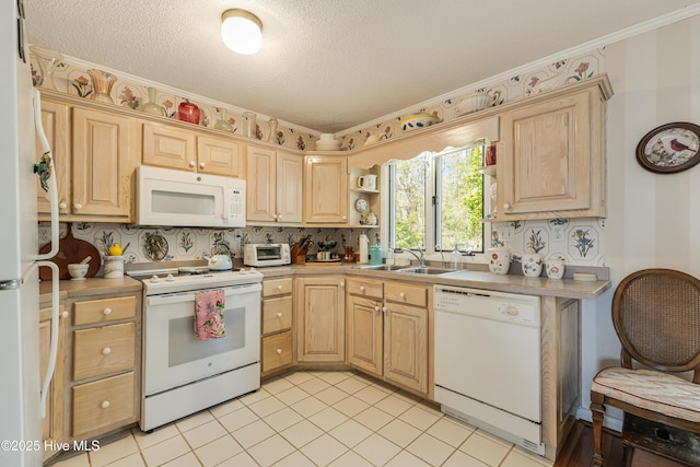 kitchen with a sink, light brown cabinetry, light countertops, white appliances, and open shelves