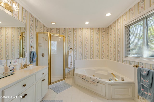 bathroom with recessed lighting, vanity, a shower stall, wallpapered walls, and a whirlpool tub