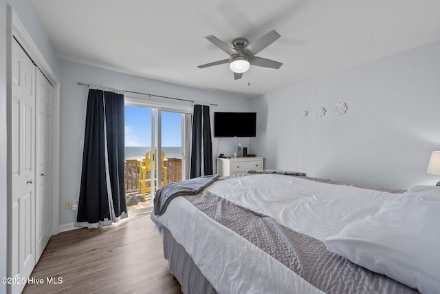 bedroom featuring a closet, ceiling fan, and wood finished floors