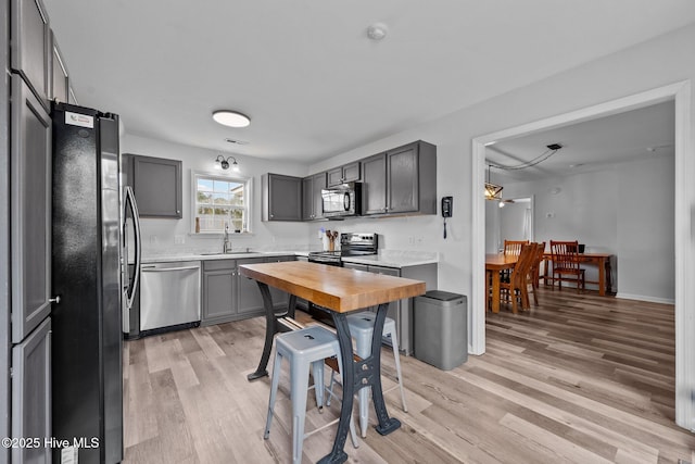 kitchen with a sink, gray cabinetry, light wood finished floors, and stainless steel appliances