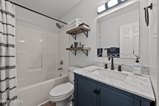 full bath with visible vents, shower / bathtub combination with curtain, toilet, and vanity