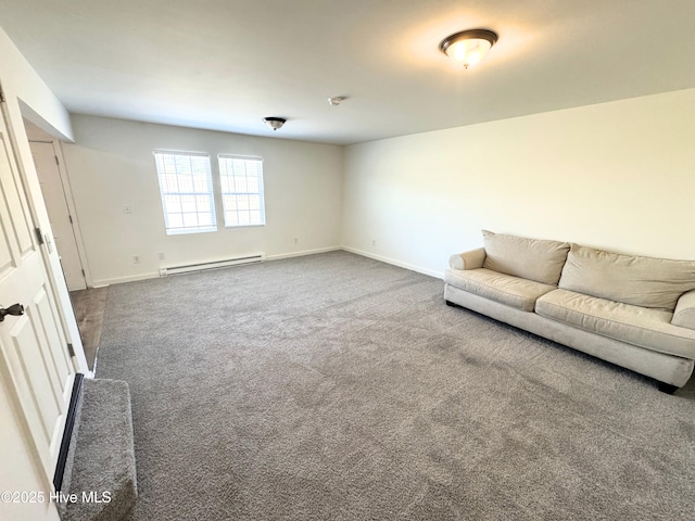 unfurnished living room with carpet, baseboards, and baseboard heating