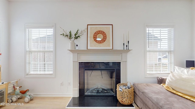 interior space featuring a glass covered fireplace, wood finished floors, and baseboards