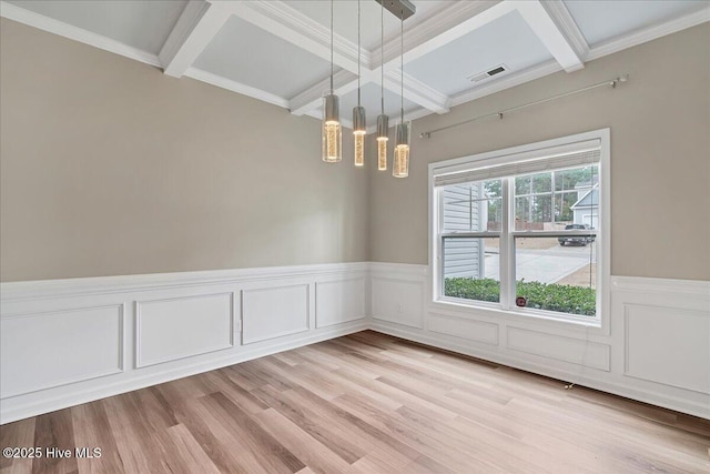 interior space featuring light wood-type flooring, visible vents, beam ceiling, a wainscoted wall, and coffered ceiling