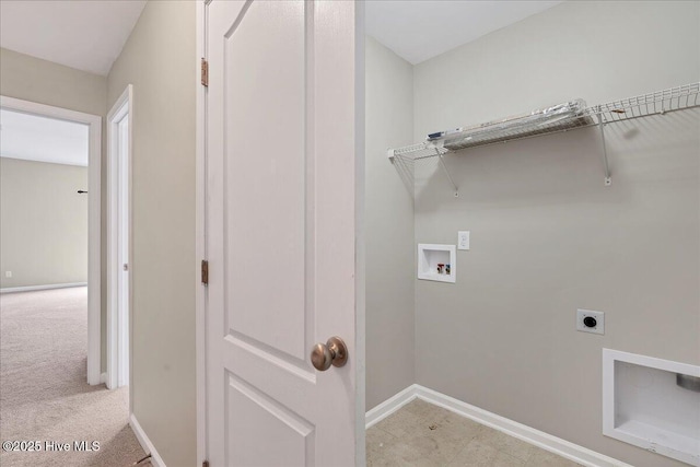 clothes washing area with baseboards, laundry area, electric dryer hookup, washer hookup, and light colored carpet