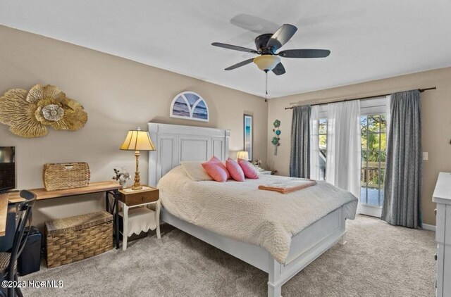 bedroom featuring ceiling fan, light colored carpet, and access to exterior