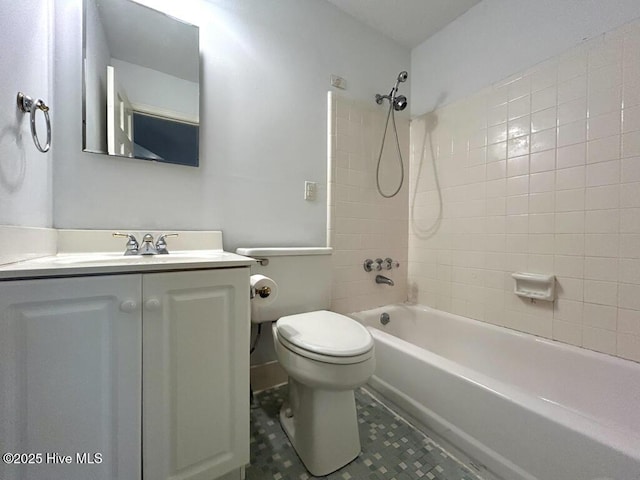 full bath with tub / shower combination, toilet, and vanity