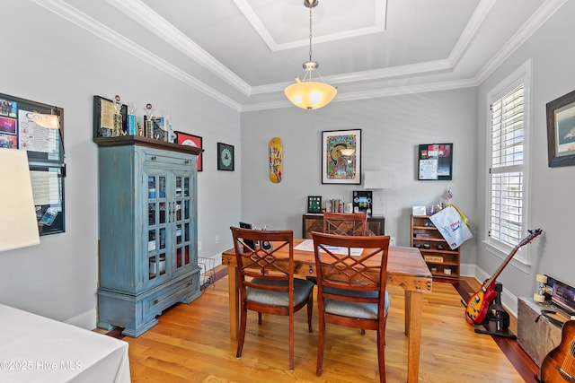 1807 Baywater Ct SE, Bolivia, NC 28422 - dining area featuring light wood-style flooring, a tray ceiling, a wealth of natural light, and crown molding